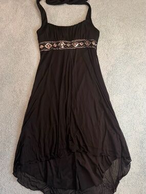 Vintage Y2K Black Halter High-Low Dress Beaded Whimsigoth City Triangles Medium